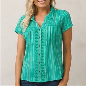Prana Katya Organic Teal Striped Pintuck Button Up Top